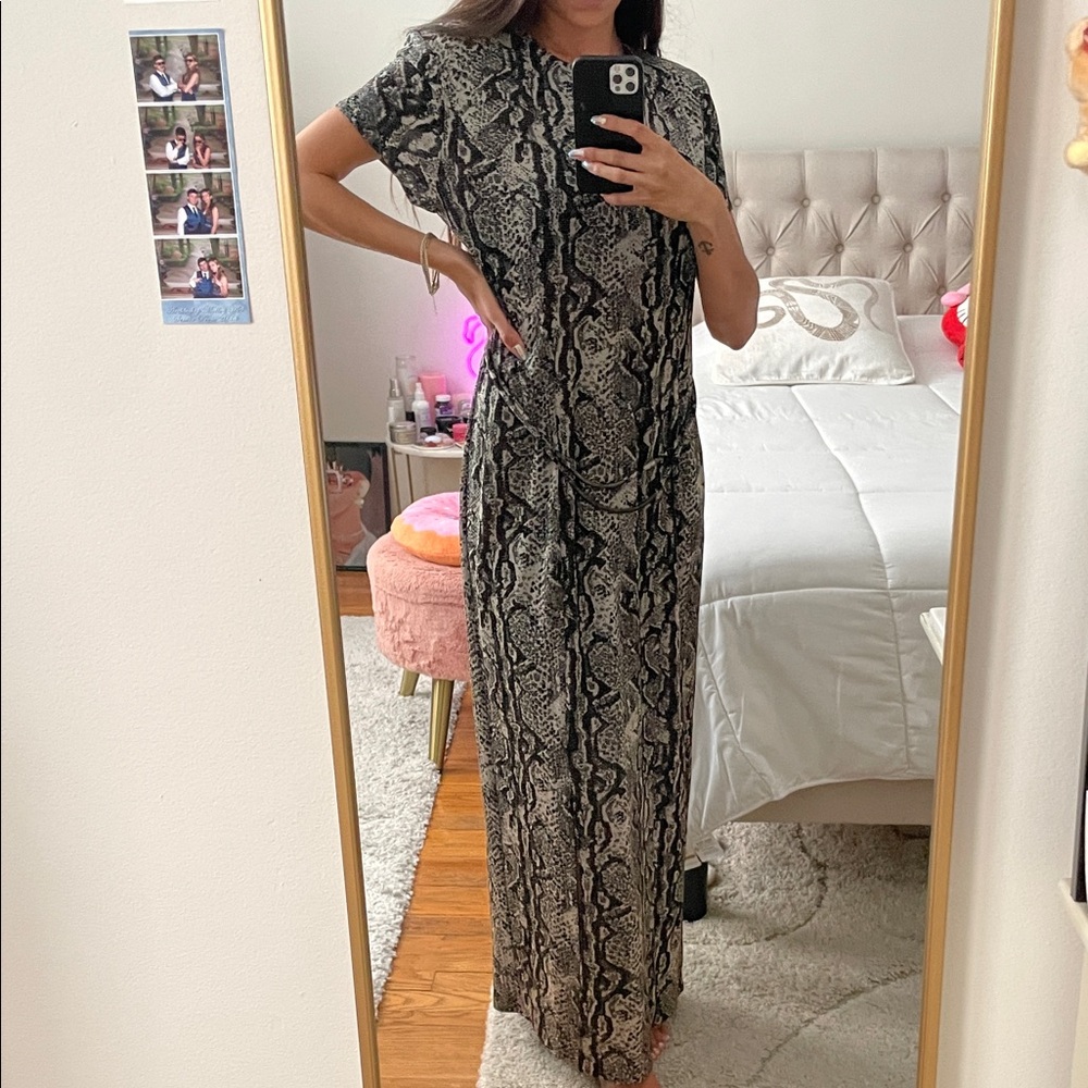 Scarlett • Vintage Snake Print Black and Grey Maxi Dress Gold Specks Throughout